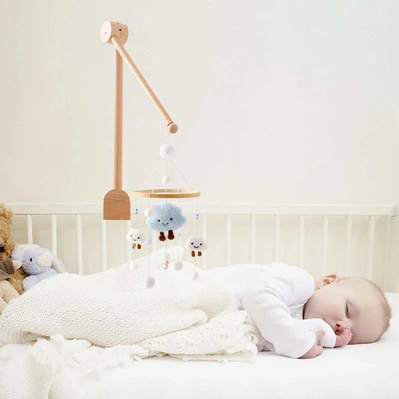 Wooden baby crib rattle toy with crochet bed bell bracket for infants aged 0-12 months, designed by Nova Mart.