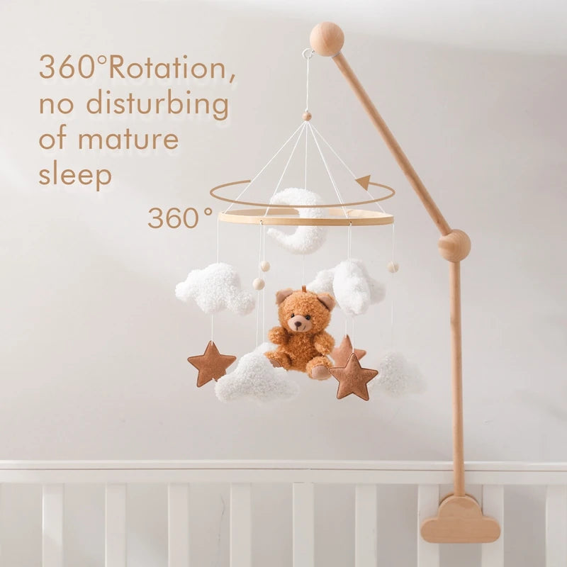 Wooden baby crib mobile by Nova Mart featuring soft felt cartoon bear and music box for soothing nursery decor.