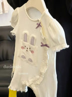 Baby girl summer cartoon romper by Nova Mart, short sleeve climbing jumpsuit with playful cartoon print for warm weather.