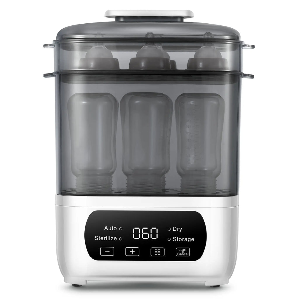 Nova Mart 4-in-1 baby bottle sterilizer and dryer with LED touch control, auto shut-off, suitable for all types of baby bottles.