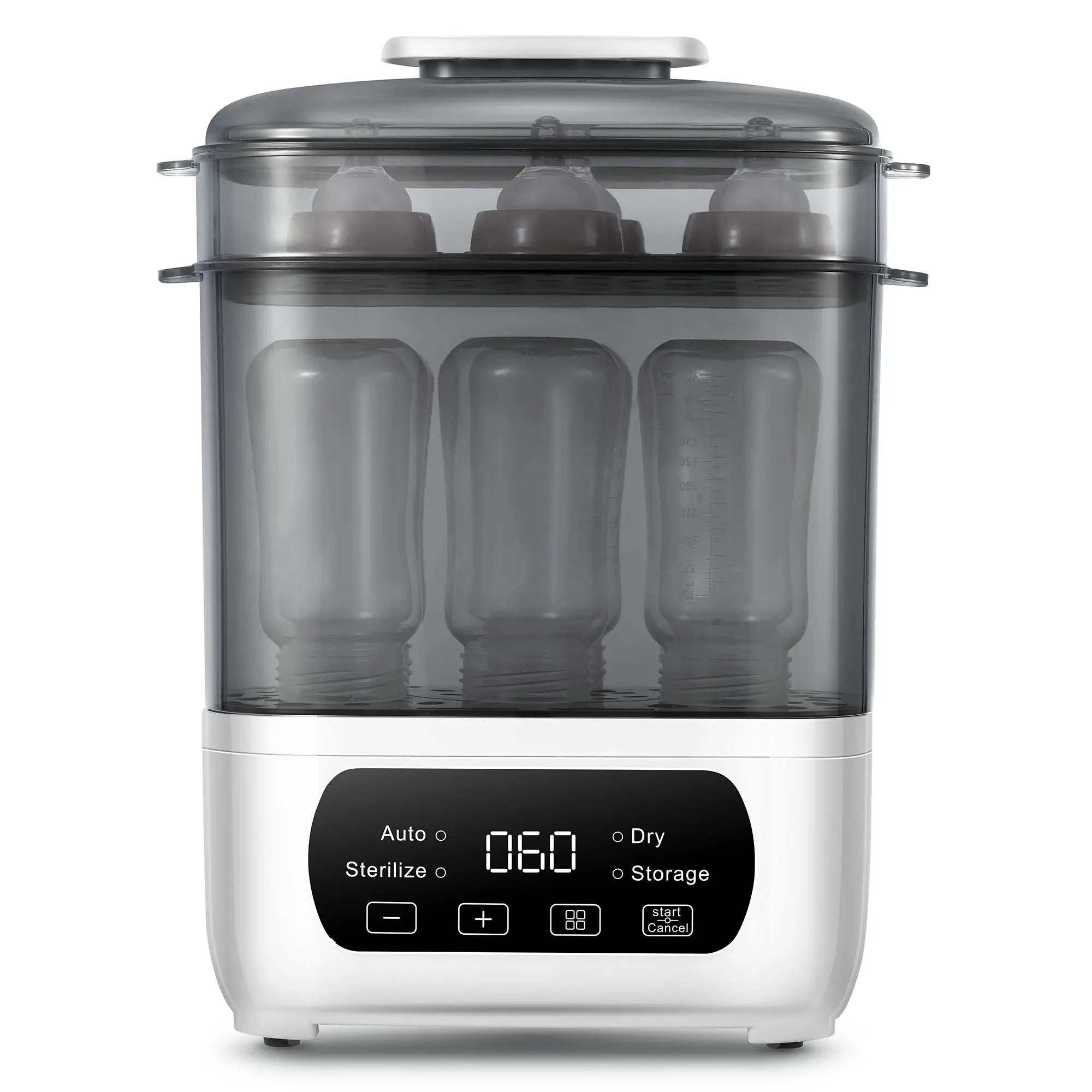 Nova Mart 4-in-1 baby bottle sterilizer and dryer with LED touch control, auto shut-off, suitable for all types of baby bottles.