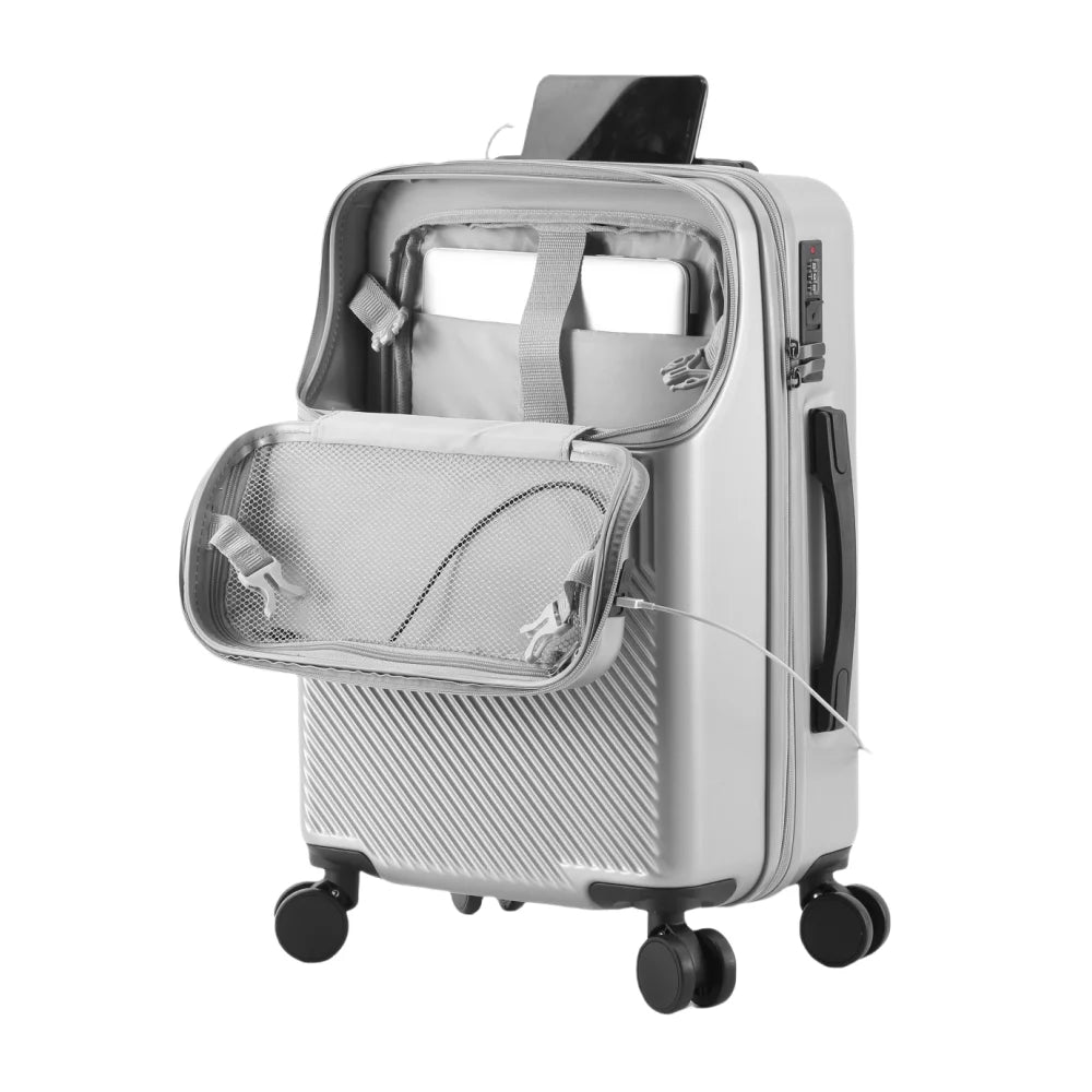 Nova Mart PC hardshell carry-on luggage with combination lock, durable travel suitcase with wheels and handle for easy mobility.