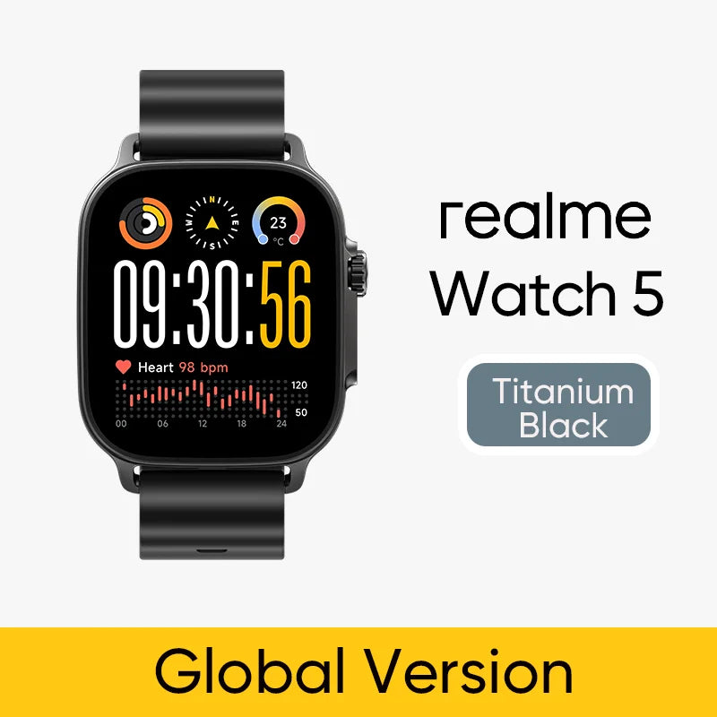 Realme Watch 5 smart watch with 1.97" AMOLED display, GPS, and IP68 water resistance in the image.