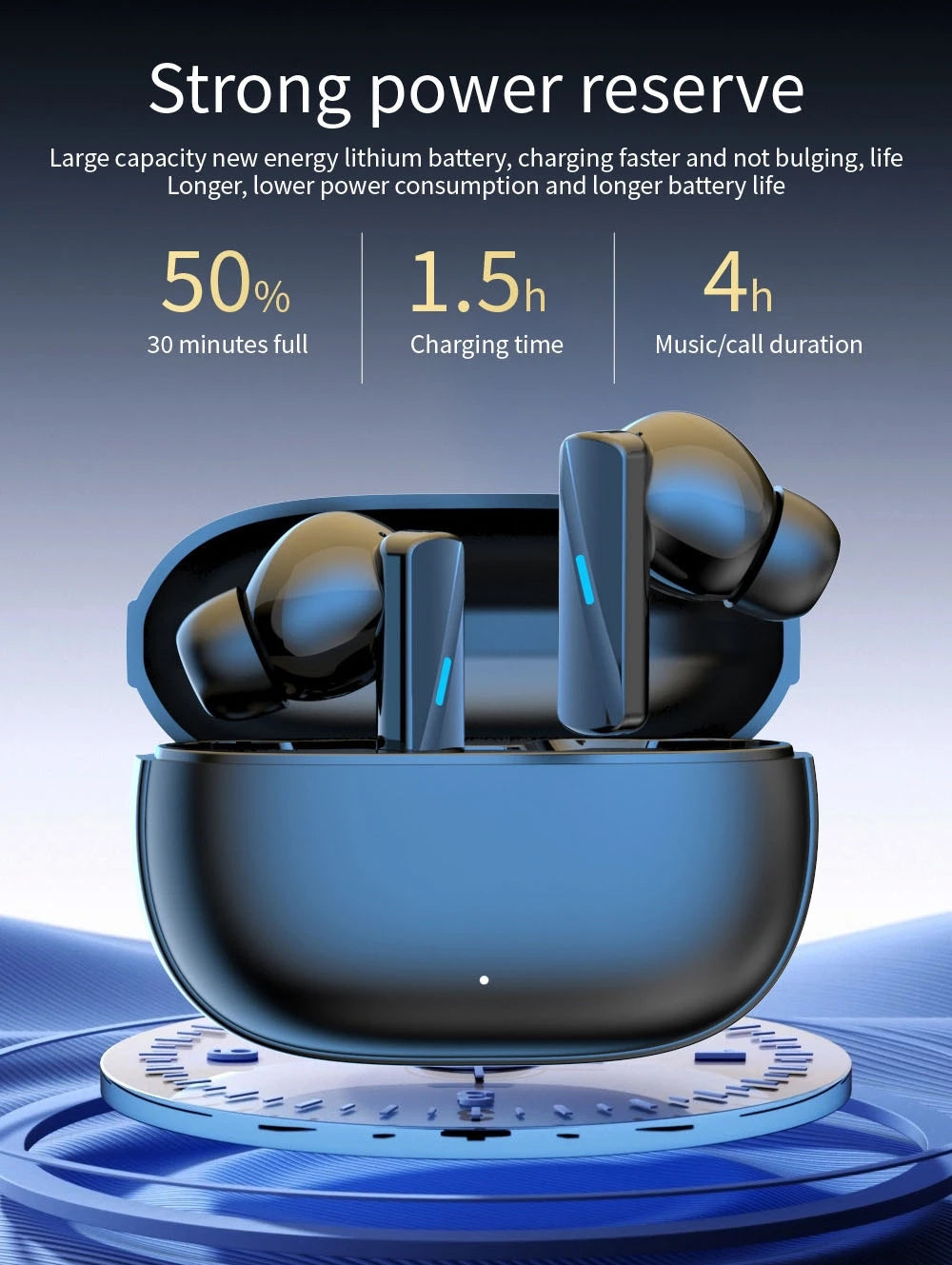 Nova Mart TWS ANC earbuds with HiFi stereo sound, touch control, and 30-hour battery life, shown in black charging case.