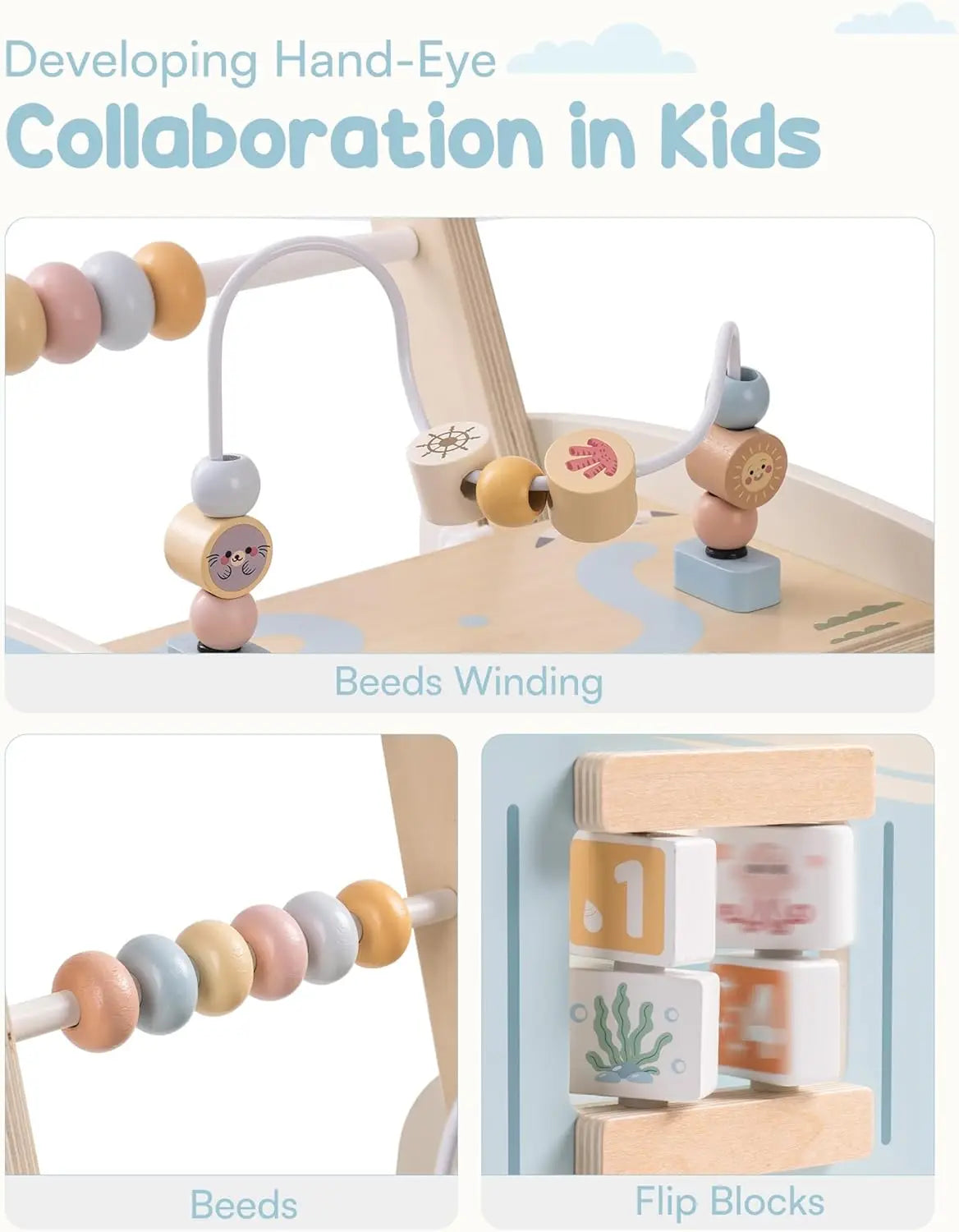 Nova Mart Robotime wooden baby walker with wheels, suitable for boys and girls, designed to support early walking development.