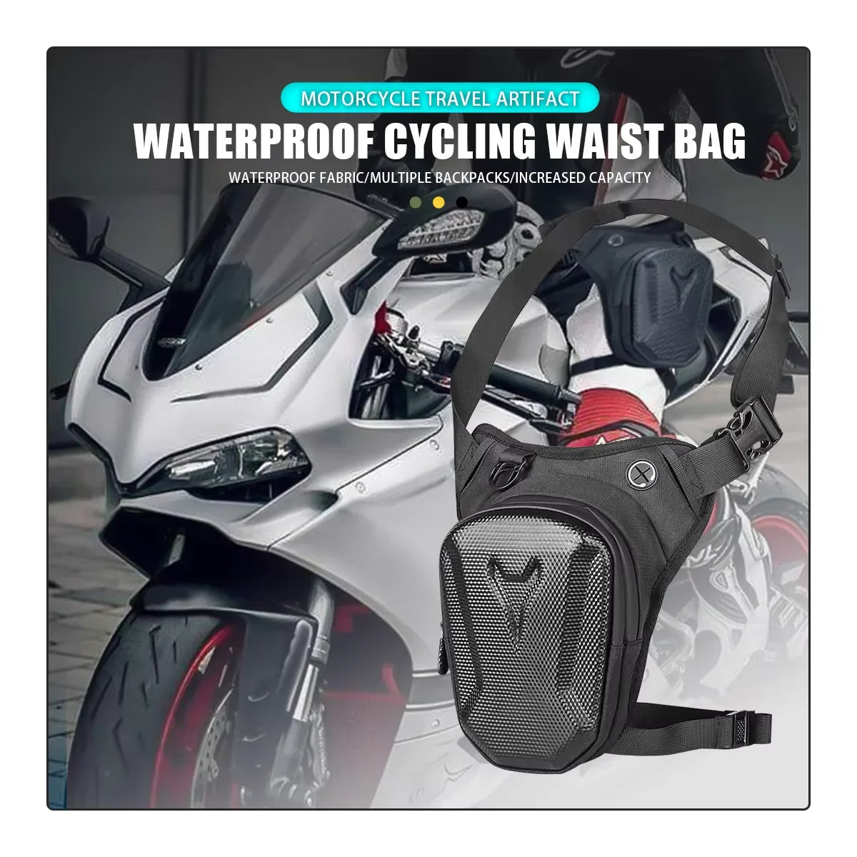 Waterproof Nova Mart motorcycle waist leg bag with adjustable straps, designed for riders to carry essentials securely.