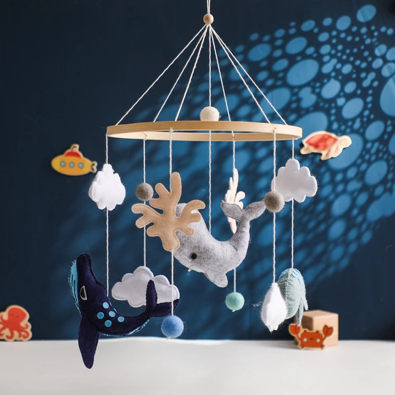 Wooden crochet star baby crib mobile with bed bell rattle toy, designed for infant entertainment and sensory development.
