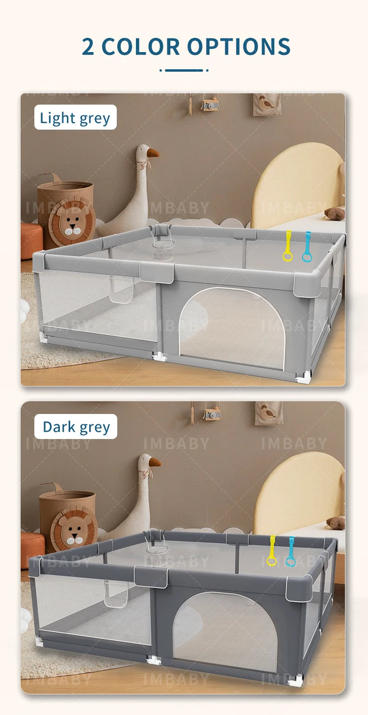 Light gray IMBABY baby playpen by Nova Mart with pull ring and ball box, providing a safe play area for infants.