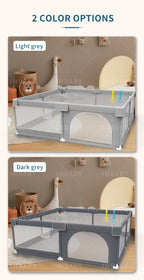 Light gray IMBABY baby playpen by Nova Mart with pull ring and ball box, providing a safe play area for infants.