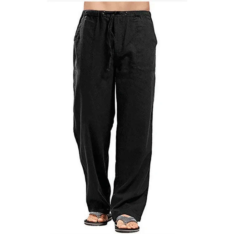 Men's cotton linen pants with elastic waist, lightweight summer trousers by Nova Mart, casual and breathable for warm weather.