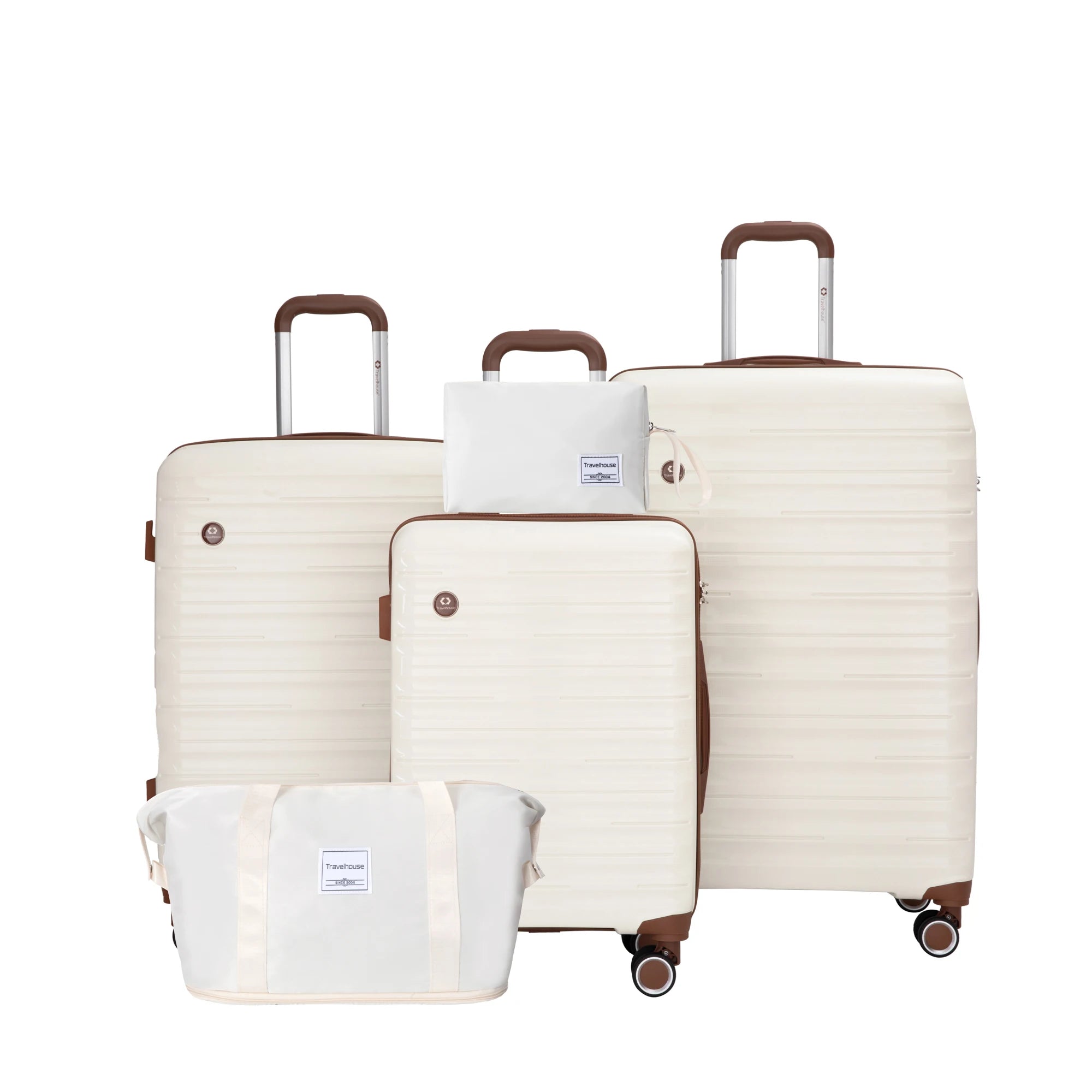 Nova Mart Travelhouse 5-piece hardcase luggage set with matching duffel bag, featuring durable, sleek suitcases for travel.