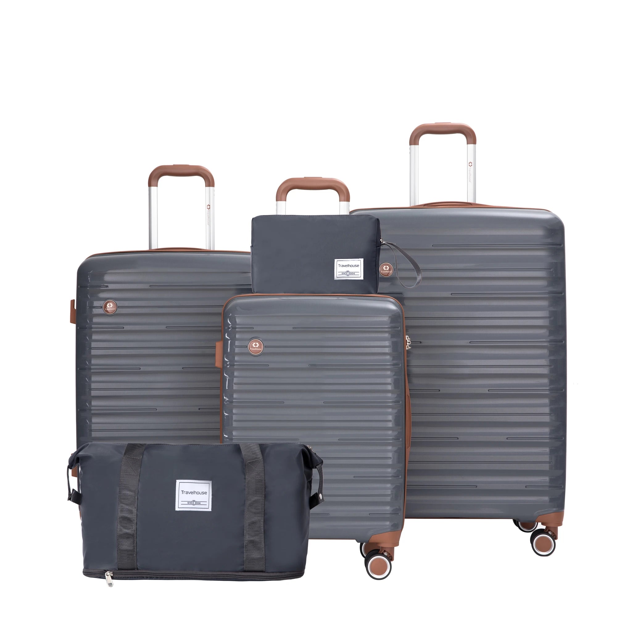 Nova Mart Travelhouse 5-piece hardcase luggage set with matching duffel bag, featuring durable suitcases and travel accessories.
