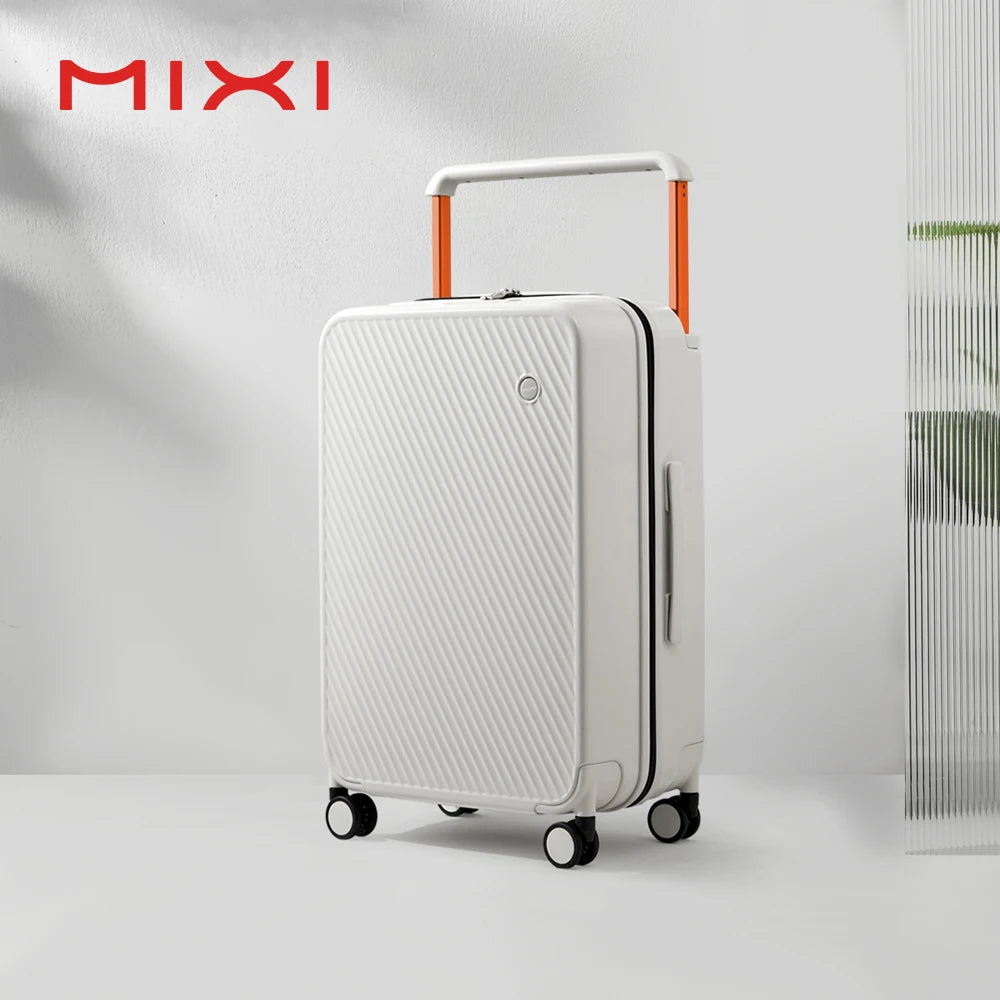 Light gray Nova Mart Mixi Wide Handle Hardside Suitcase with patent design and sturdy wheels, front view.