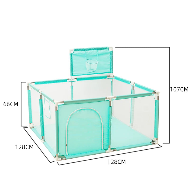Baby playpen by Nova Mart with a basketball frame, ideal for indoor kids' play areas, providing a safe and fun environment for children.