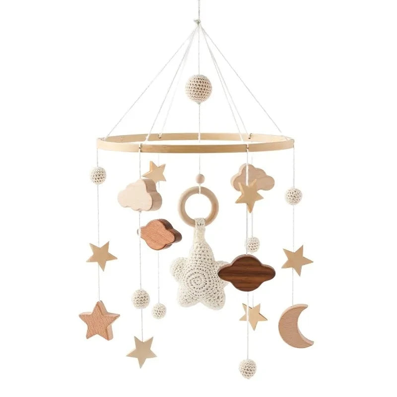 Wooden baby crib rattle toy with crochet bed bell bracket for infants aged 0-12 months, by Nova Mart.