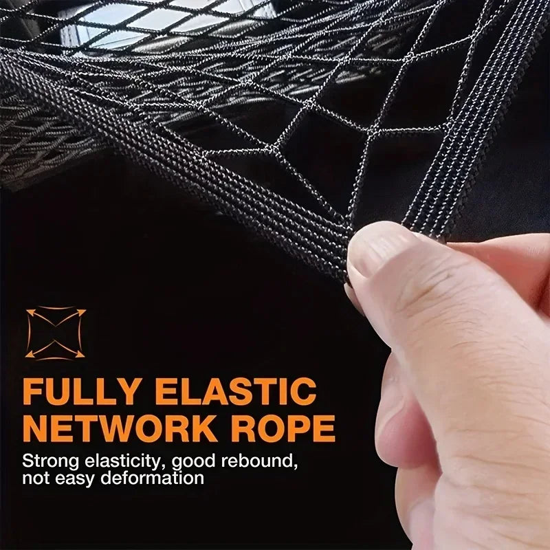 High-elastic double-layer motorcycle cargo net with hooks from Nova Mart, designed for secure storage on motorcycle racks.