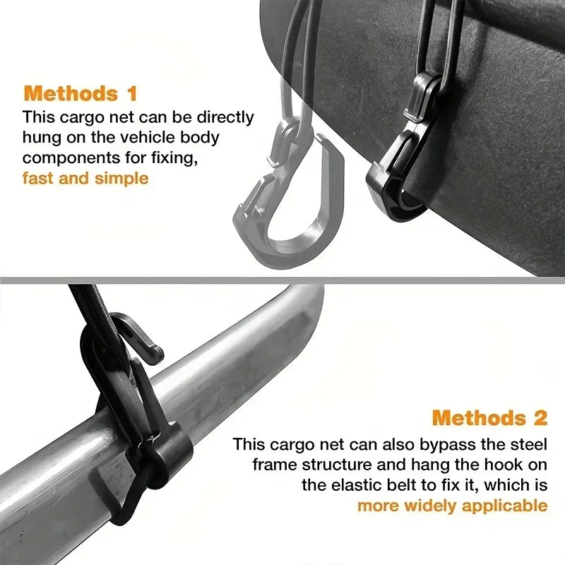 High-elastic double layer motorcycle cargo net with hooks, Nova Mart motorcycle accessory for secure luggage storage.
