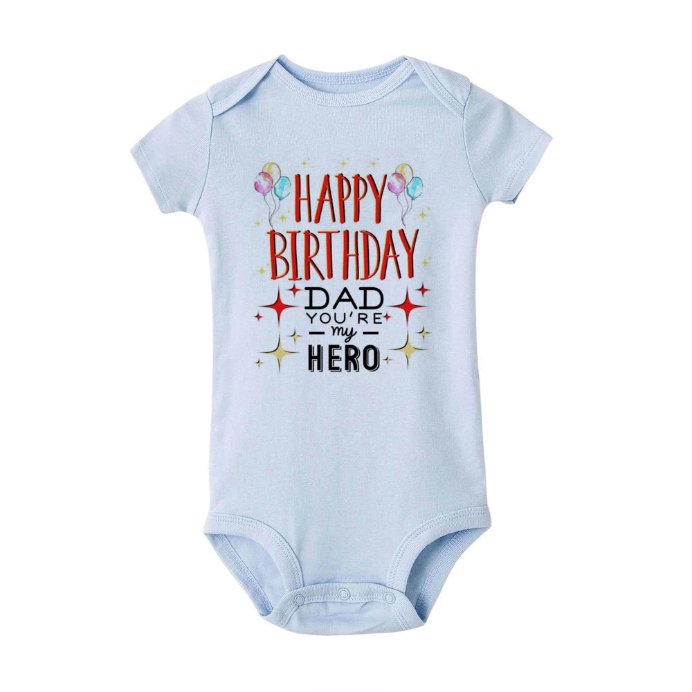 Baby boy wearing a Happy Birthday Daddy short sleeve romper from Nova Mart, colorful birthday-themed bodysuit for special occasions.