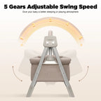 Nova Mart electric baby cradle swing with Bluetooth and remote control, designed for infants 0-36 months, showing the swing and control panel.