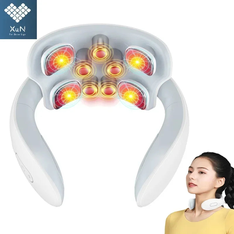 Nova Mart Smart Back and Neck Massager for cervical pain relief, showing the device with adjustable straps and ergonomic design.