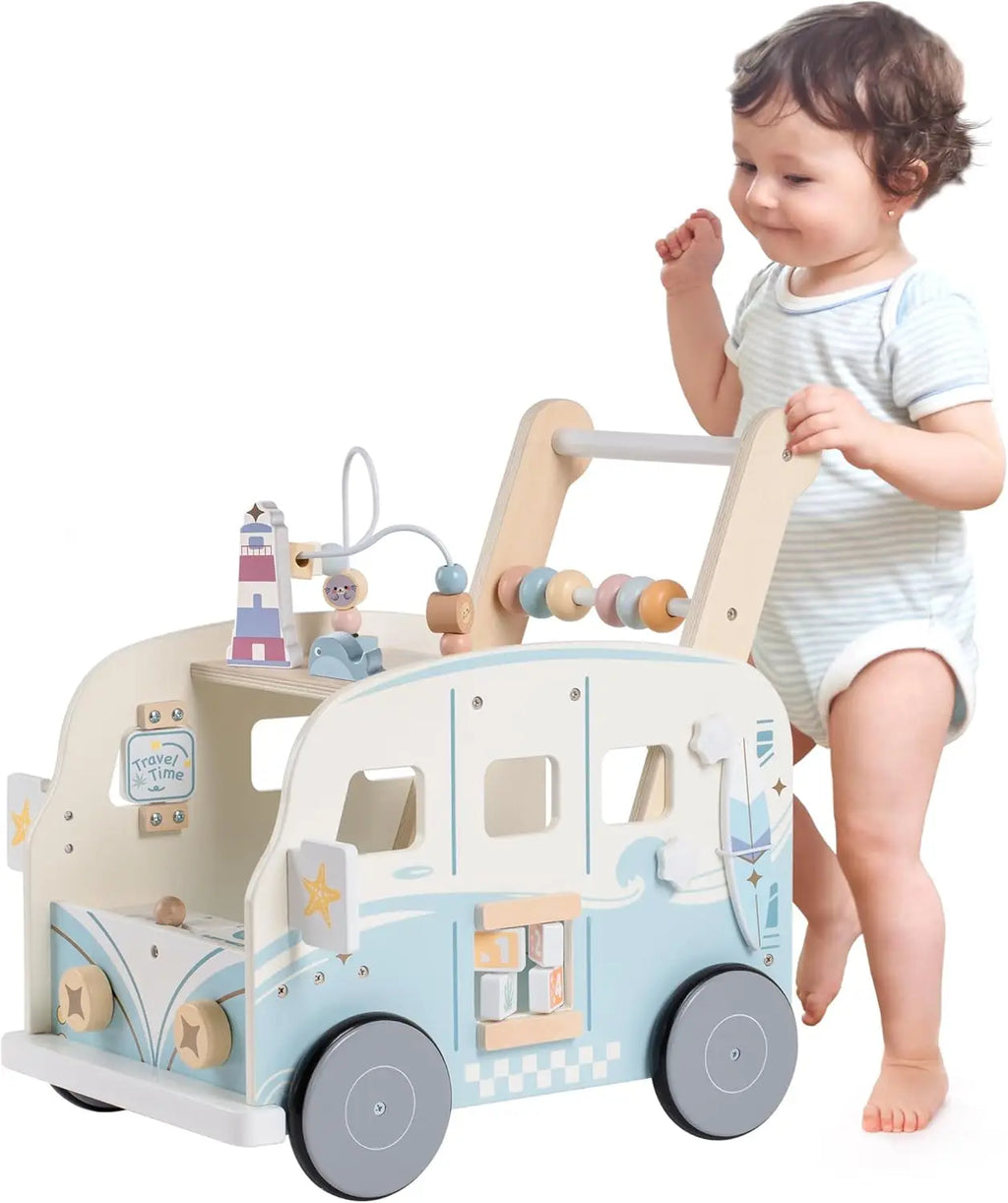 Wooden baby walker with wheels by Nova Mart, suitable for boys and girls, featuring a classic design for early walking support.
