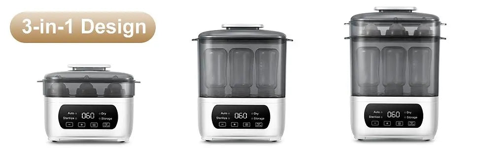 Nova Mart 4-in-1 baby bottle sterilizer and dryer with LED touch control, auto shut-off, suitable for all bottle types.