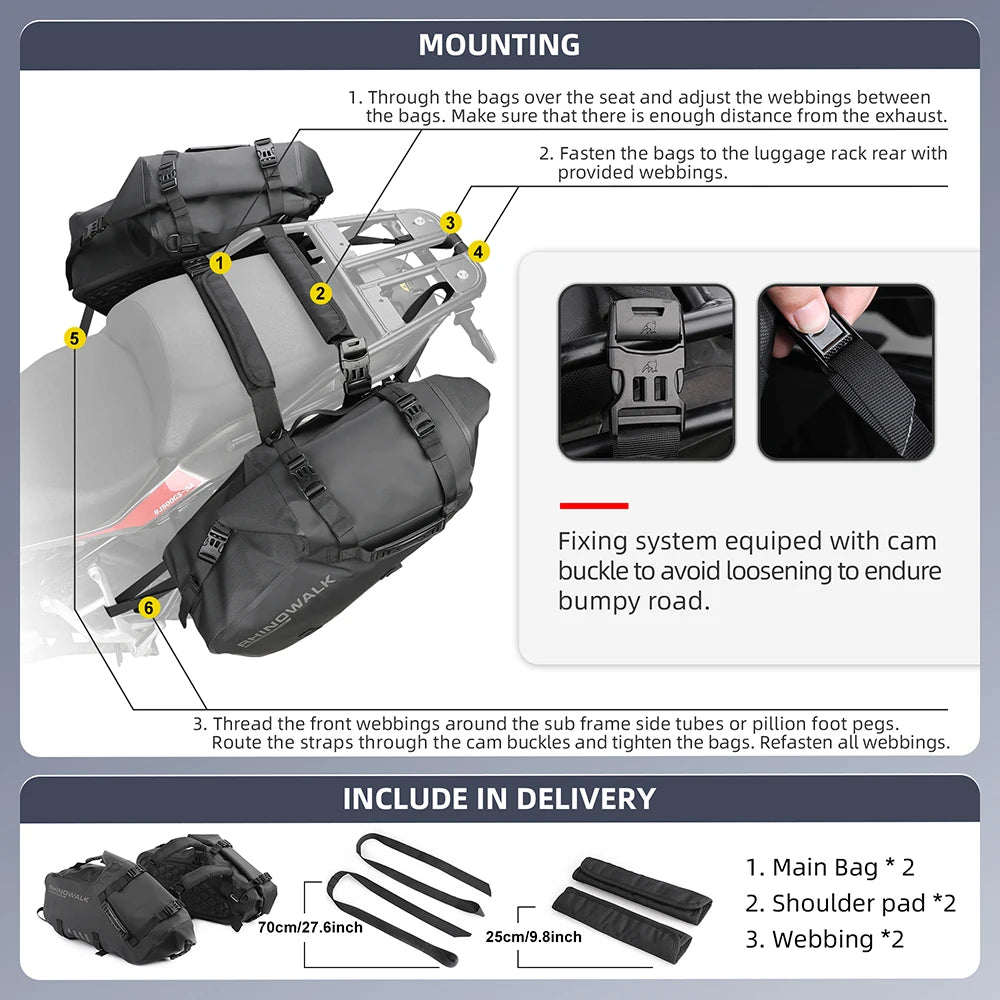 Waterproof motorcycle pannier saddle bags by Nova Mart, designed for secure storage on motorcycles during rides.