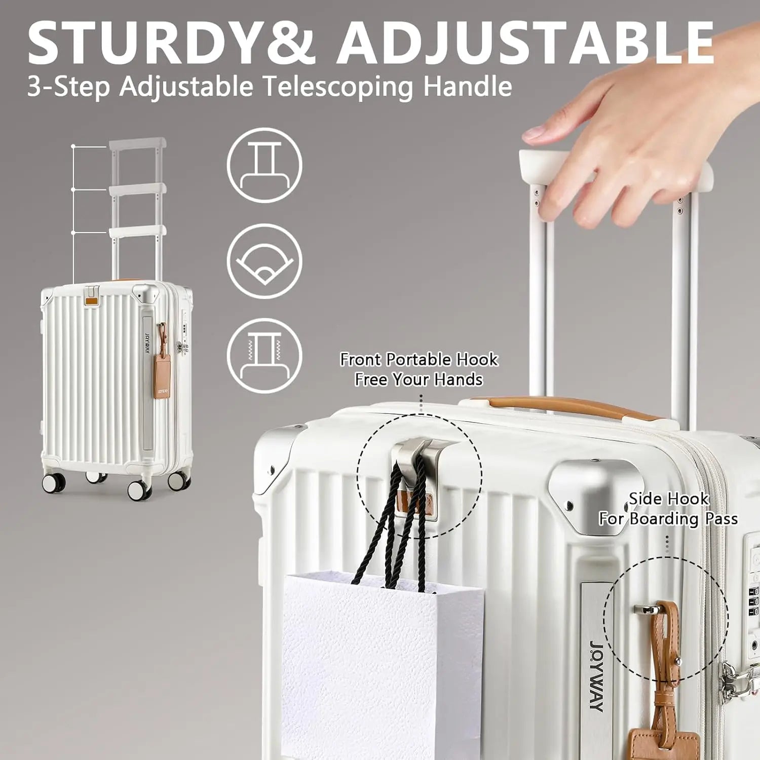 Nova Mart 20-inch expandable carry-on luggage with TSA lock and cup holder, featuring a sleek design and durable wheels.