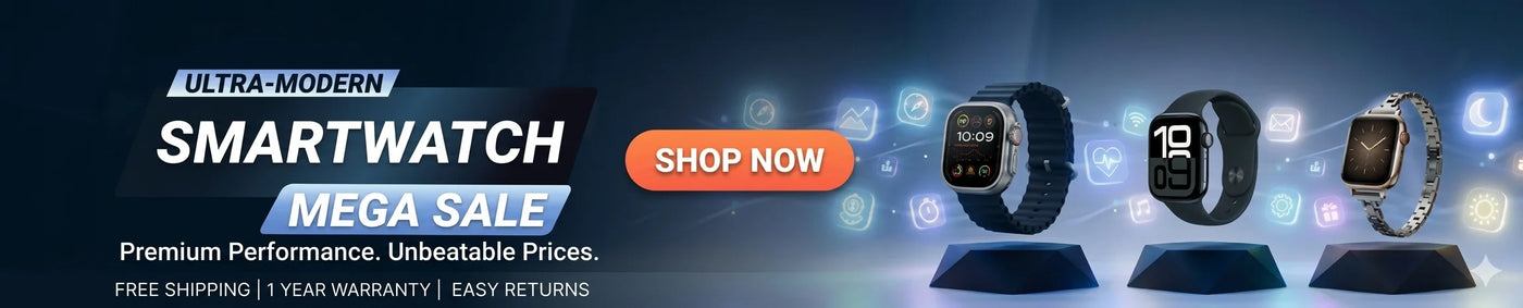 "Modern smartwatch Mega Sale banner offering up to 50 percent off with an orange Shop Now button, plus a 1-year warranty and free shipping icons.