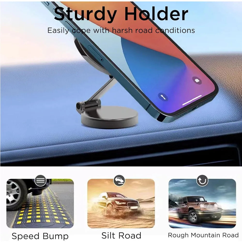 Adjustable magnetic car phone holder from Nova Mart mounted on a vehicle dashboard with a smartphone attached.