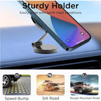 Adjustable magnetic car phone holder from Nova Mart mounted on a vehicle dashboard with a smartphone attached.