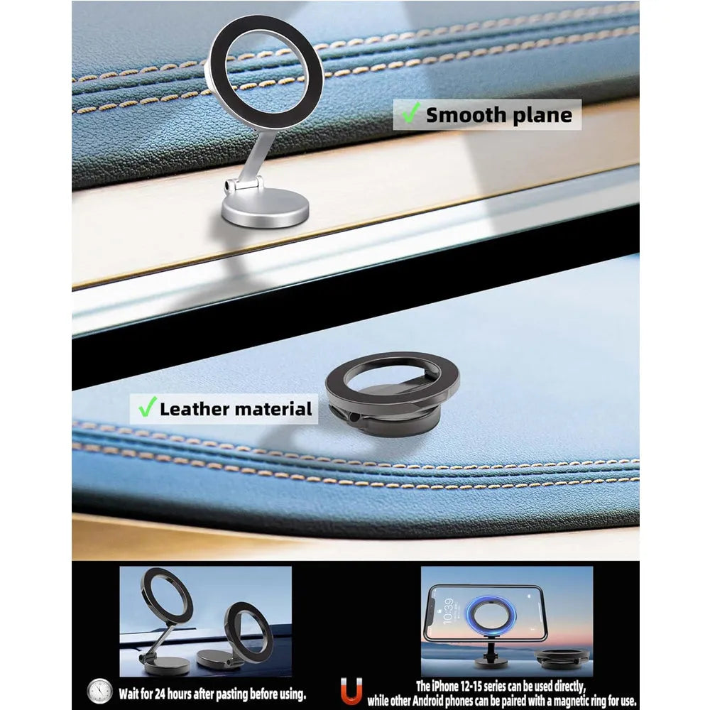 Adjustable magnetic car phone holder by Nova Mart mounted on a dashboard, showing secure grip and flexible viewing angle.
