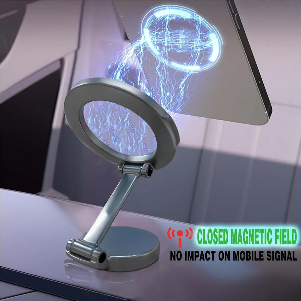 Adjustable magnetic car phone holder from Nova Mart mounted on a vehicle dashboard, holding a smartphone securely.