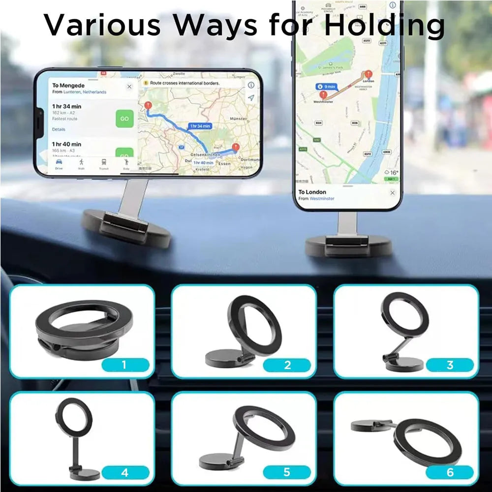 Adjustable magnetic car phone holder by Nova Mart attached to a car dashboard with a smartphone mounted securely.