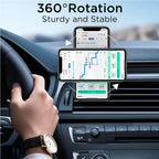 Adjustable magnetic car phone holder by Nova Mart mounted on a dashboard, holding a smartphone securely for easy access.