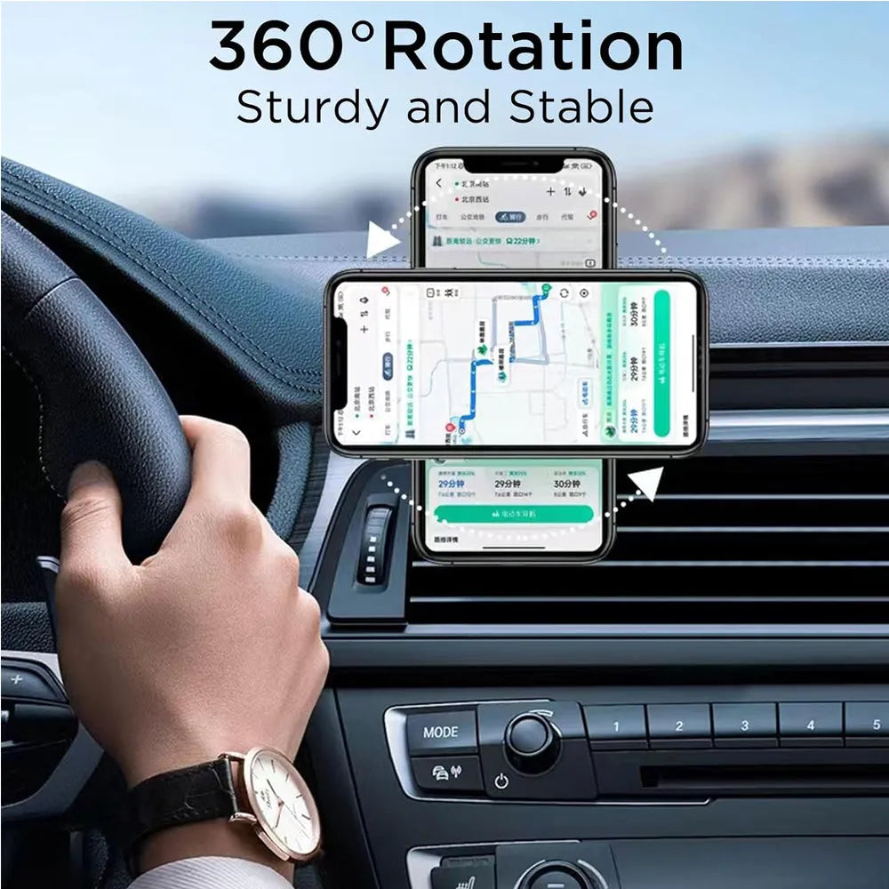 Adjustable magnetic car phone holder by Nova Mart mounted on a dashboard, holding a smartphone securely for easy access.