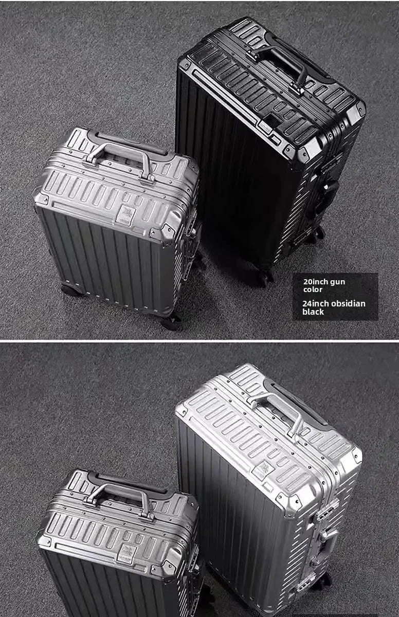 Silver aluminum frame hardcase luggage with universal wheels, durable travel suitcase by Nova Mart.