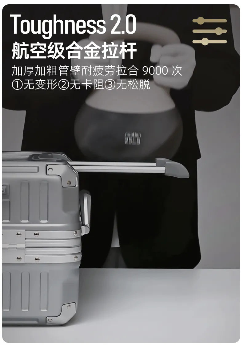 Aluminum frame hardcase luggage with universal wheels, sleek design, and sturdy handle, by Nova Mart.