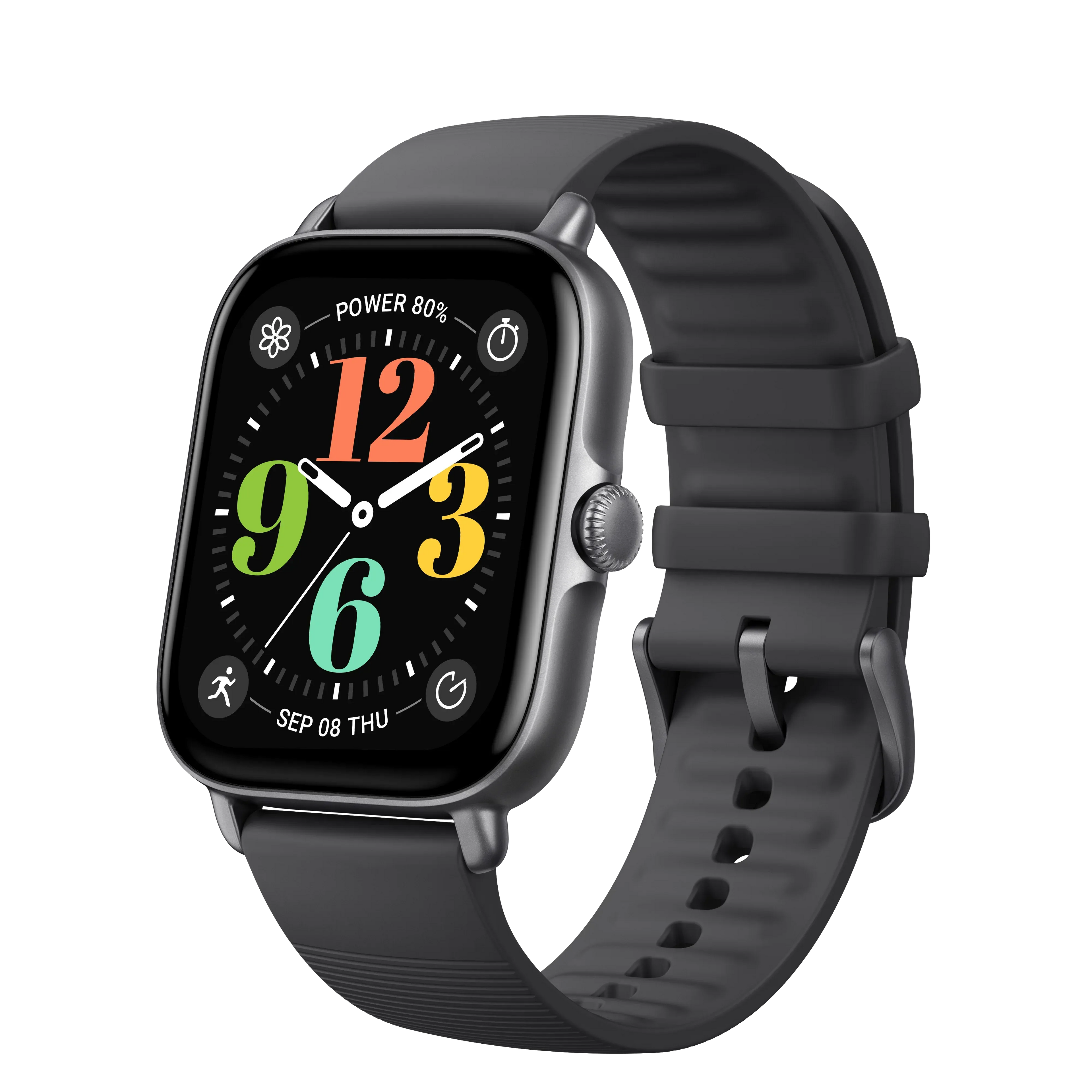 Amazfit GTS 4 Mini smartwatch showing a colorful fitness tracking display on a wrist with a black band.