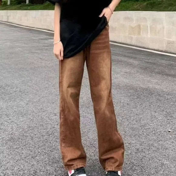 American Retro brown straight-leg denim jeans by Nova Mart, showing the fit and classic style on a model.