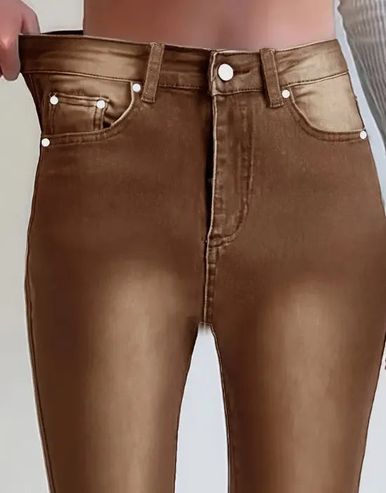 American Retro brown straight-leg denim jeans by Nova Mart, showing front view of classic straight-cut denim pants.