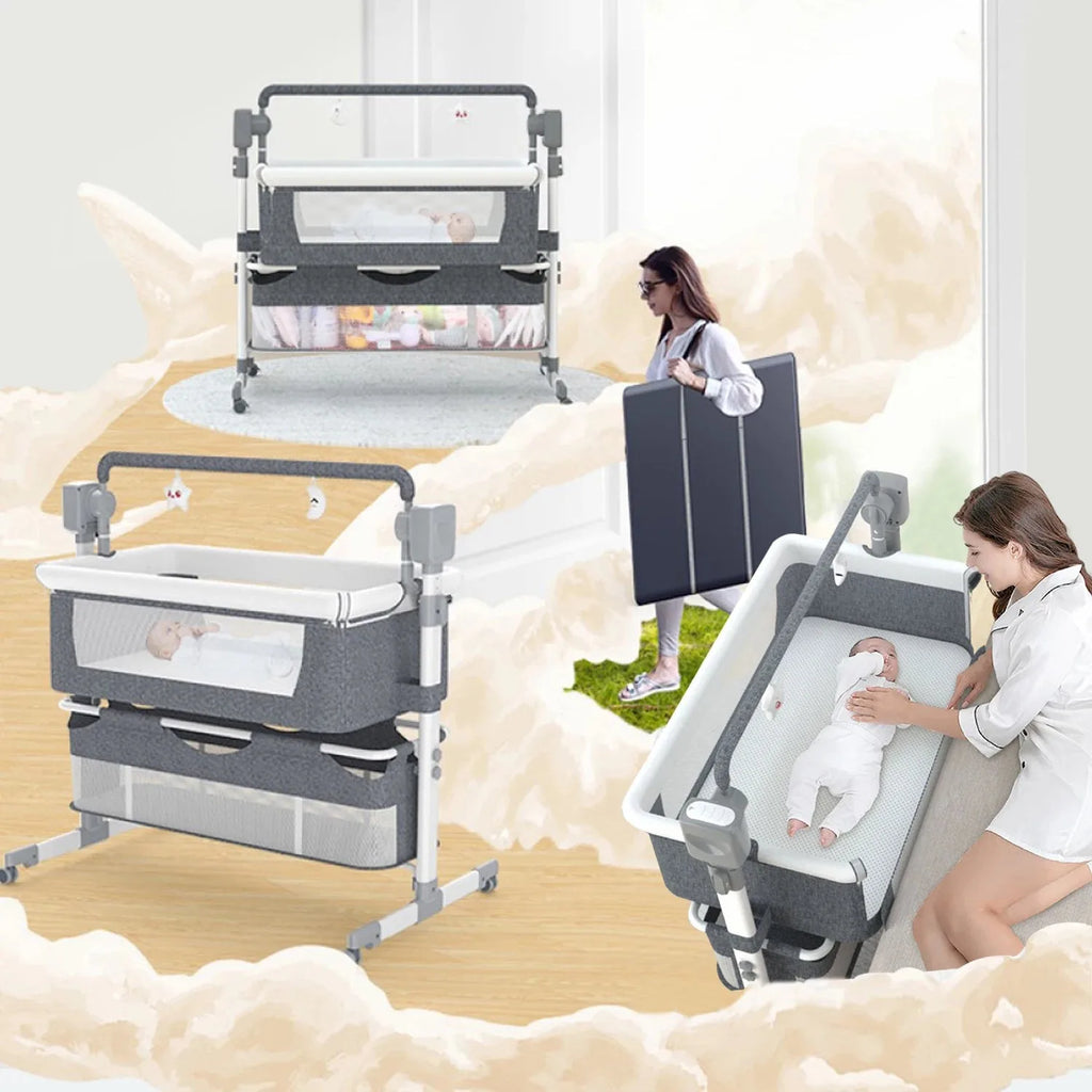 Nova Mart automatic rocking baby bassinet with remote control, wheels, and soft fabric for soothing infant comfort.