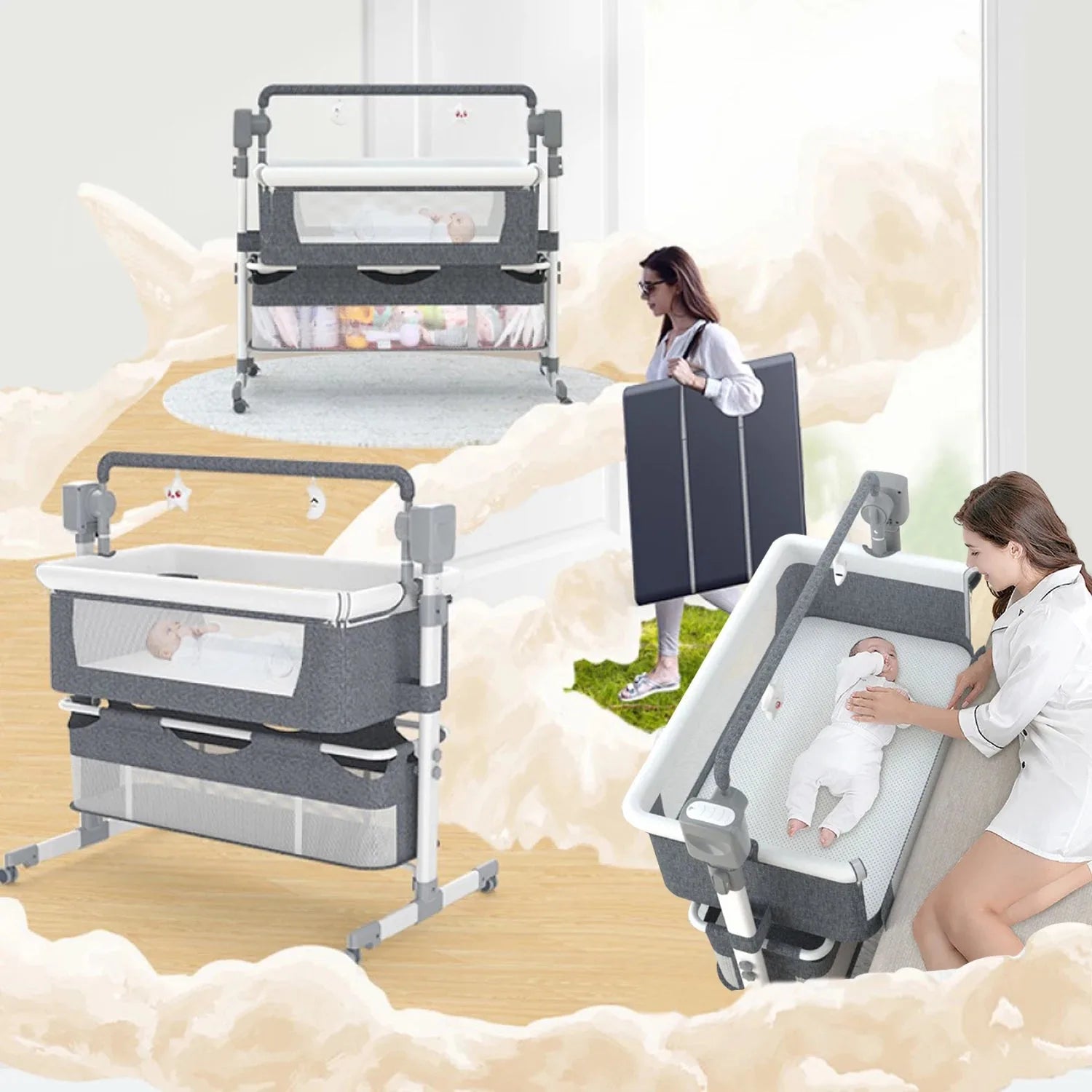 Nova Mart automatic rocking baby bassinet with remote control, wheels, and soft fabric for soothing infant comfort.