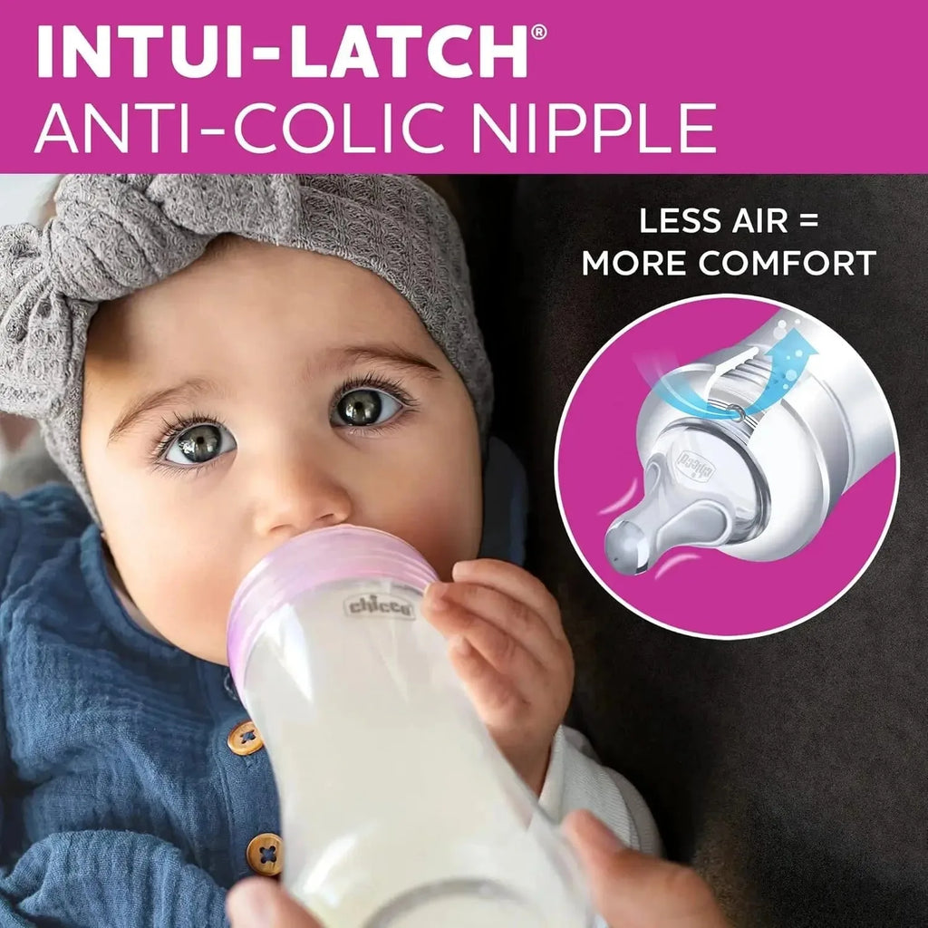Nova Mart hybrid baby bottle set with glass inner, pink plastic outer, dishwasher and sterilizer safe, clear design.