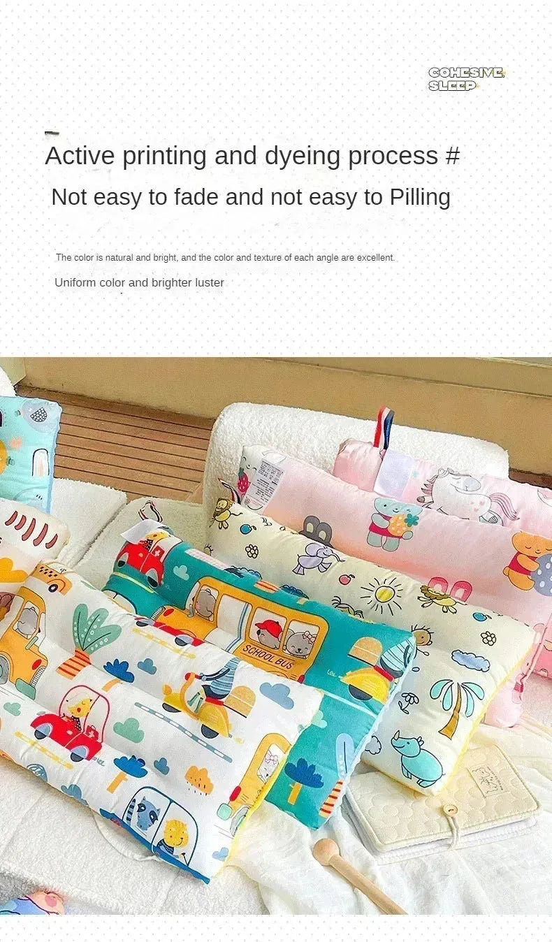 Baby sleep pillow from Nova Mart with soft cotton fabric, featuring a cute cartoon design, removable and washable bedding for infants.