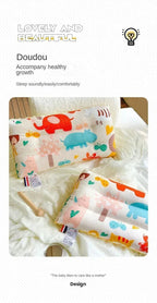 Baby sleep pillow from Nova Mart with soft cotton fabric, cartoon design, removable cover, and washable for comfortable baby bedding.