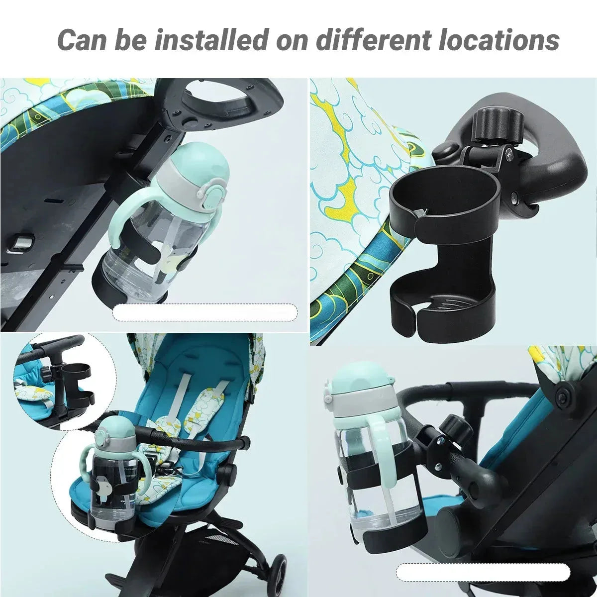 Universal baby stroller cup holder by Nova Mart with bottle and drink rack, attached to a stroller handle.