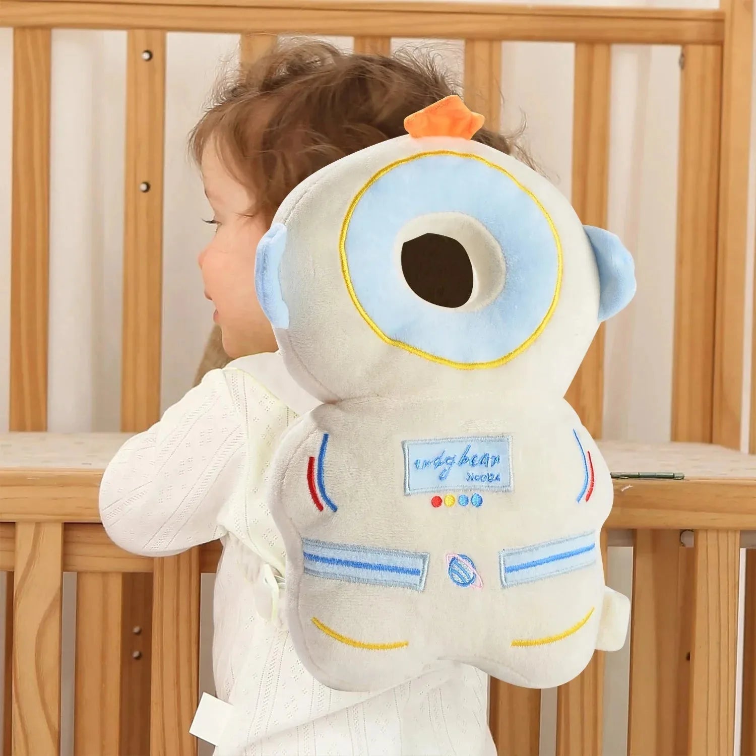 Nova Mart Baby Safety Head Protector Backpack with safety pad, soft cushioning, and adjustable straps in blue for toddler protection.