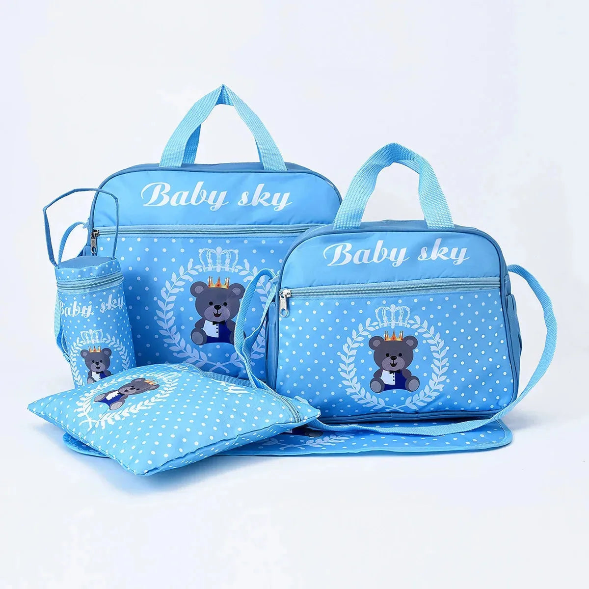 Large nylon diaper bag from Nova Mart with bear print, includes mommy bag, crossbody style, and matching accessories.