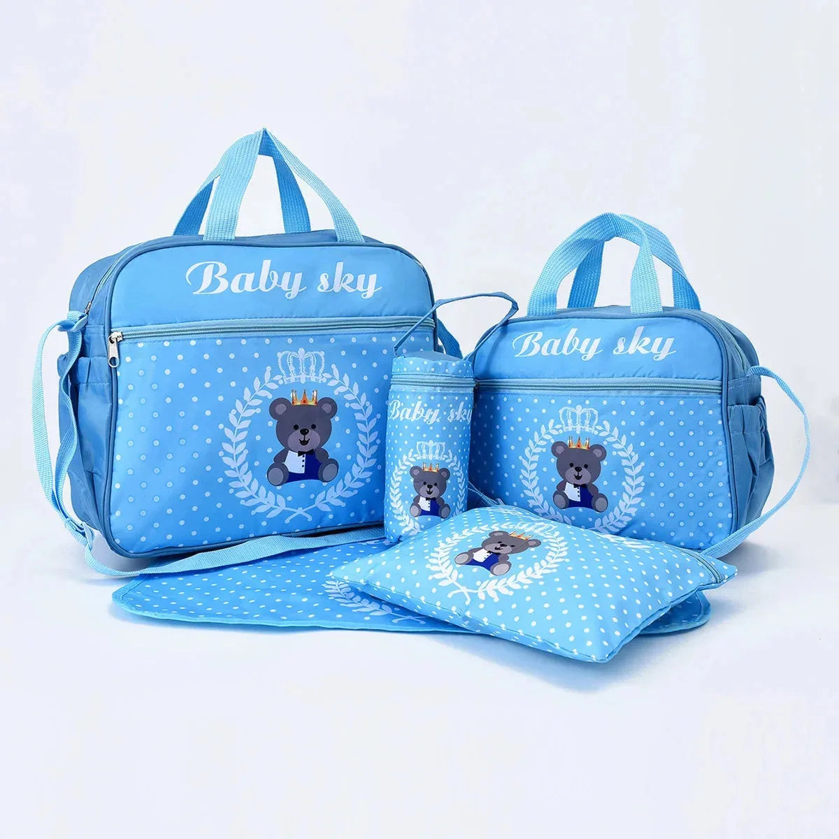 Nova Mart bear print mommy diaper bag set with large nylon crossbody diaper bag and accessories, featuring adorable bear design.